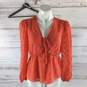 Elizabeth And James Orange Puff Sleeve V Neck Peplum Blouse sz Xs
